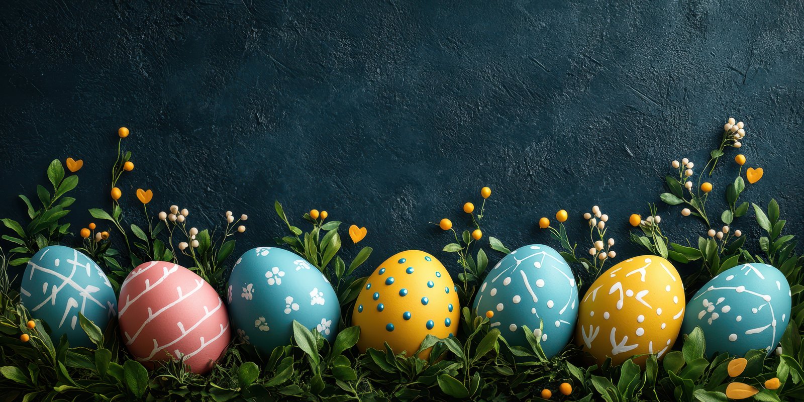 Colorful Easter eggs arranged beautifully with greenery on a dark background